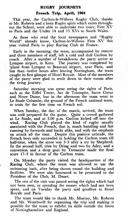 Rugby trip to France 1964